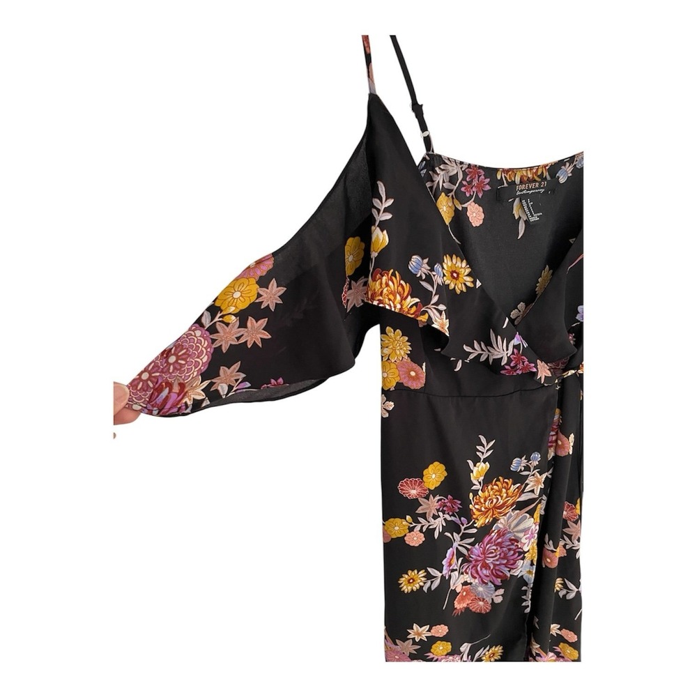 Forever 21 Contemporary Floral Wrap Midi Dress Black‎ Cold Shoulder Small - Picture 6 of 9